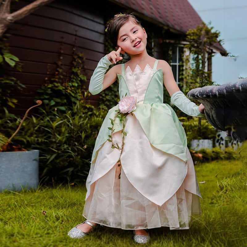 CQDY Princess Tiana Costume for Girls Fancy Fairy Frog Halloween Party Dress Up Toddler with Hair Accessories - Image 3